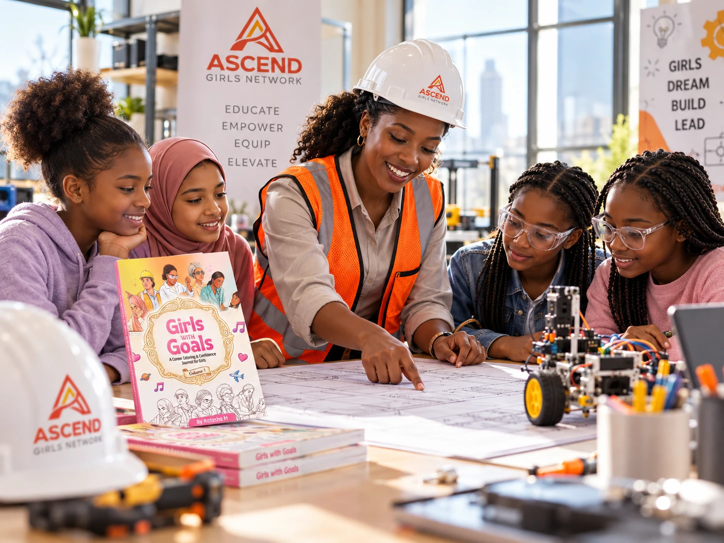 An engineer showing girls a blueprint beside a robot kit